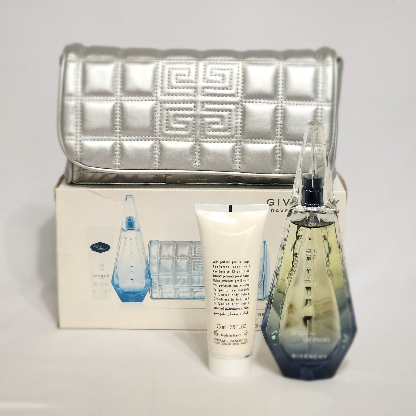 Givenchy Ange Ou demon Tender 3Pcs women Set, 3.3 oz EDT spray + 2.5 oz Body Veil + Silver Pouch