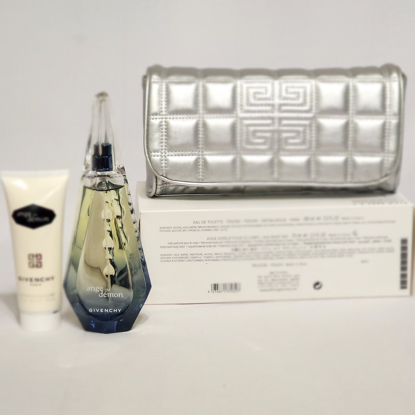 Givenchy Ange Ou demon Tender 3Pcs women Set, 3.3 oz EDT spray + 2.5 oz Body Veil + Silver Pouch