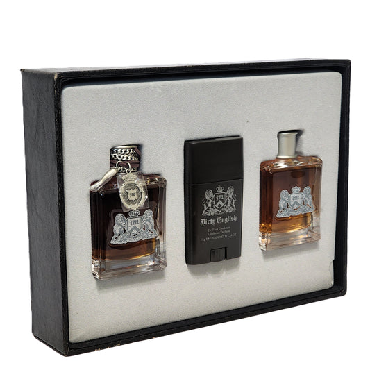 Dirty English by Juicy Couture for Men | 3-Piece Set: 100 ml EDT, 100 ml Aftershave Tonic, 75 g Deodorant | Box Lid Missing