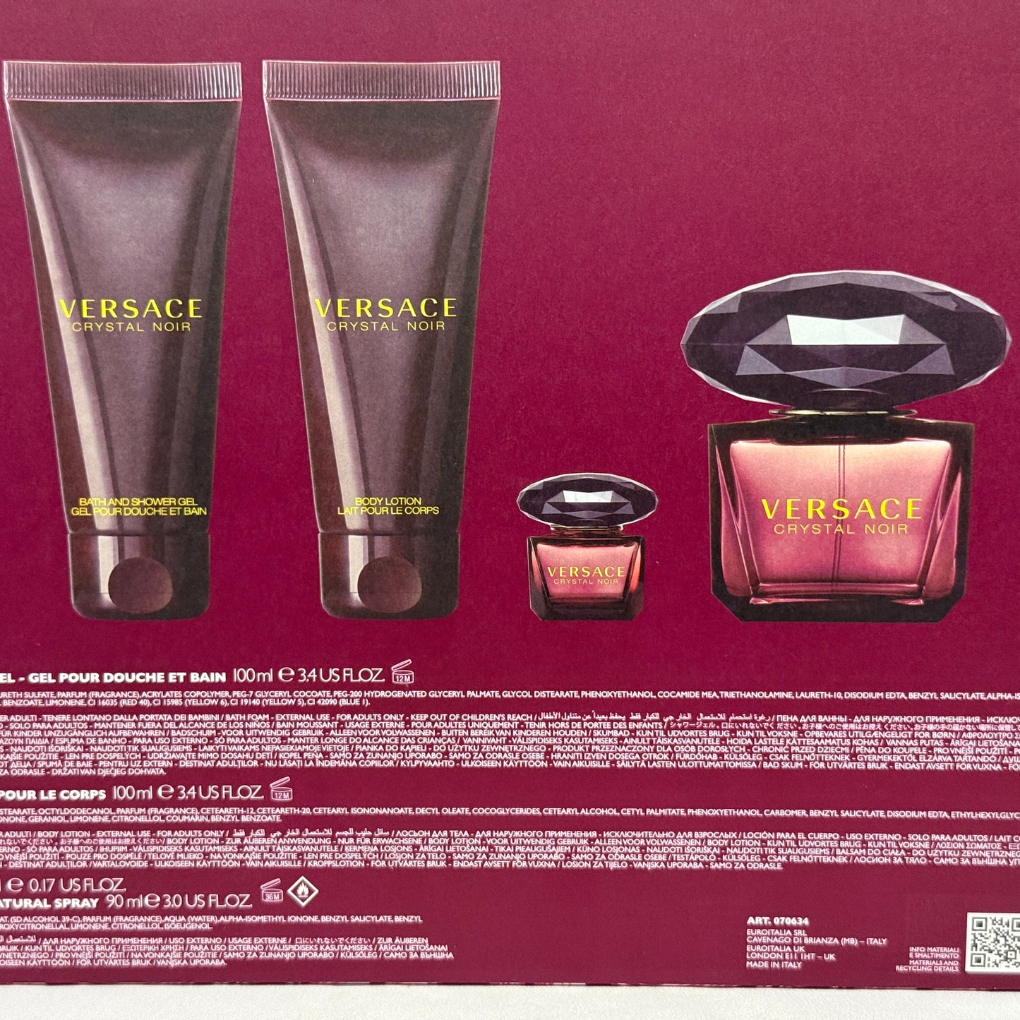 Versace Crystal Noir 4Pcs Women Set, 3.0 oz EDP spray + mini + Lotion + Gel