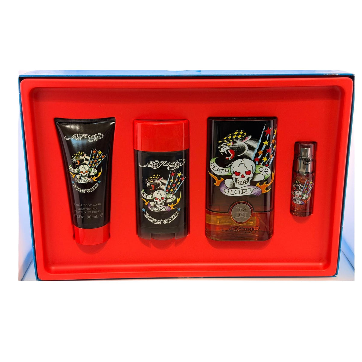 Born Wild Ed Hardy by Christian Audigier for Men | 4-Piece Set: 100 ml + 7.5 ml EDT, 78 g Deodorant, 90 ml Wash | Damaged Box