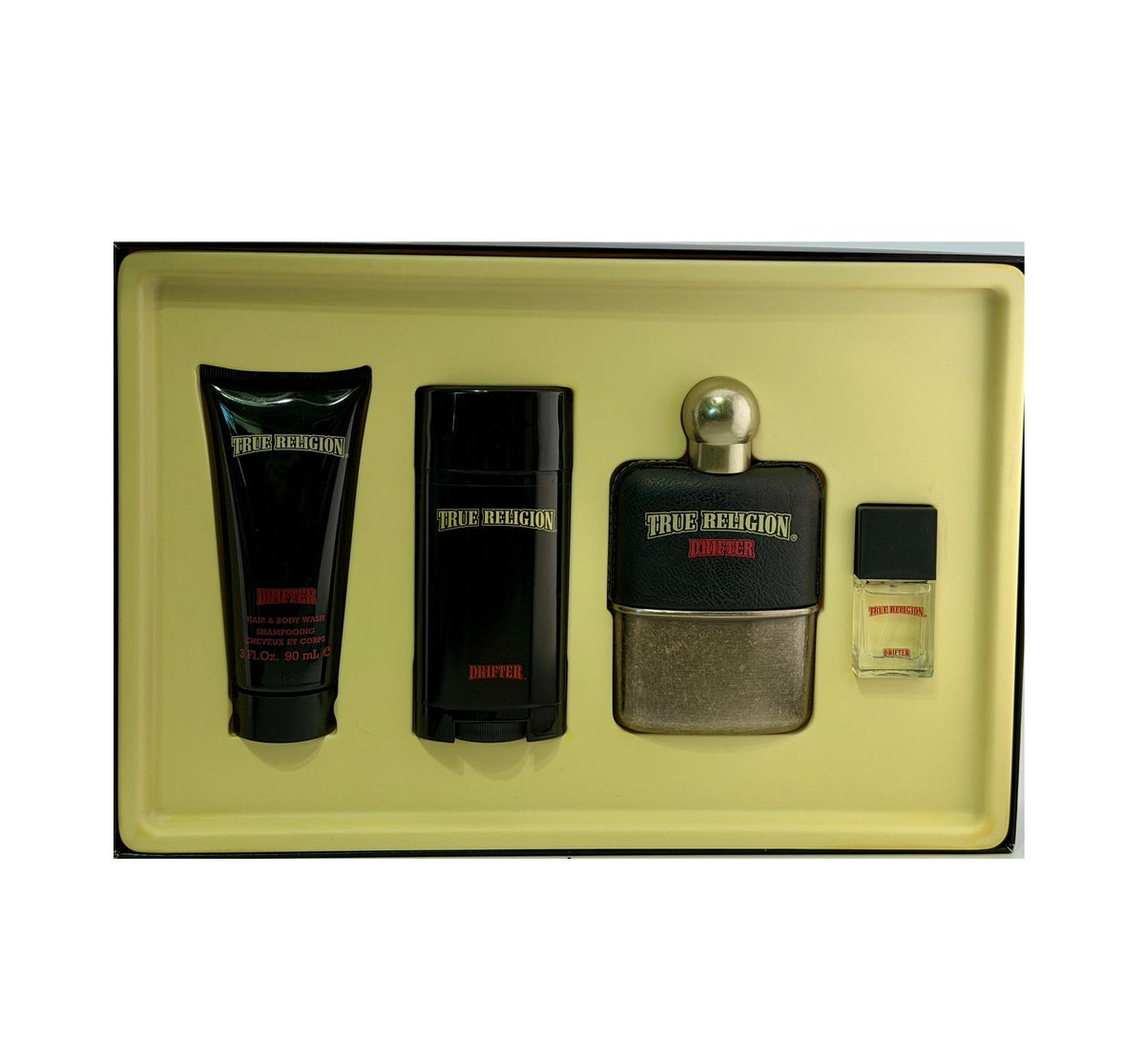 Drifter by True Religion for Men | 4-Piece Set: 100 ml + 7.5 ml EDT, 90 ml Hair & Body Wash, 78 g Deodorant