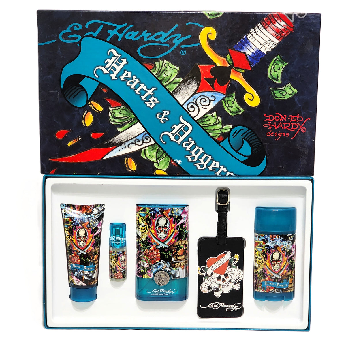 Ed Hardy Hearts & Daggers for Him by Christian Audigier | 5-Piece Set: 100 ml + 7.5 ml EDT, Body Care & Luggage Tag
