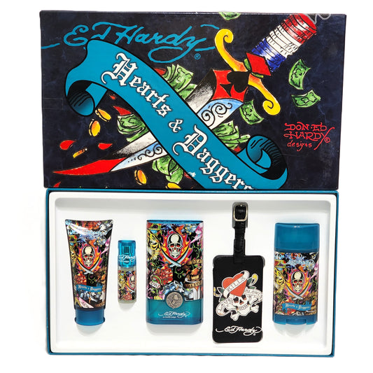 Ed Hardy Hearts & Daggers for Him by Christian Audigier | 5-Piece Set: 100 ml + 7.5 ml EDT, Body Care & Luggage Tag