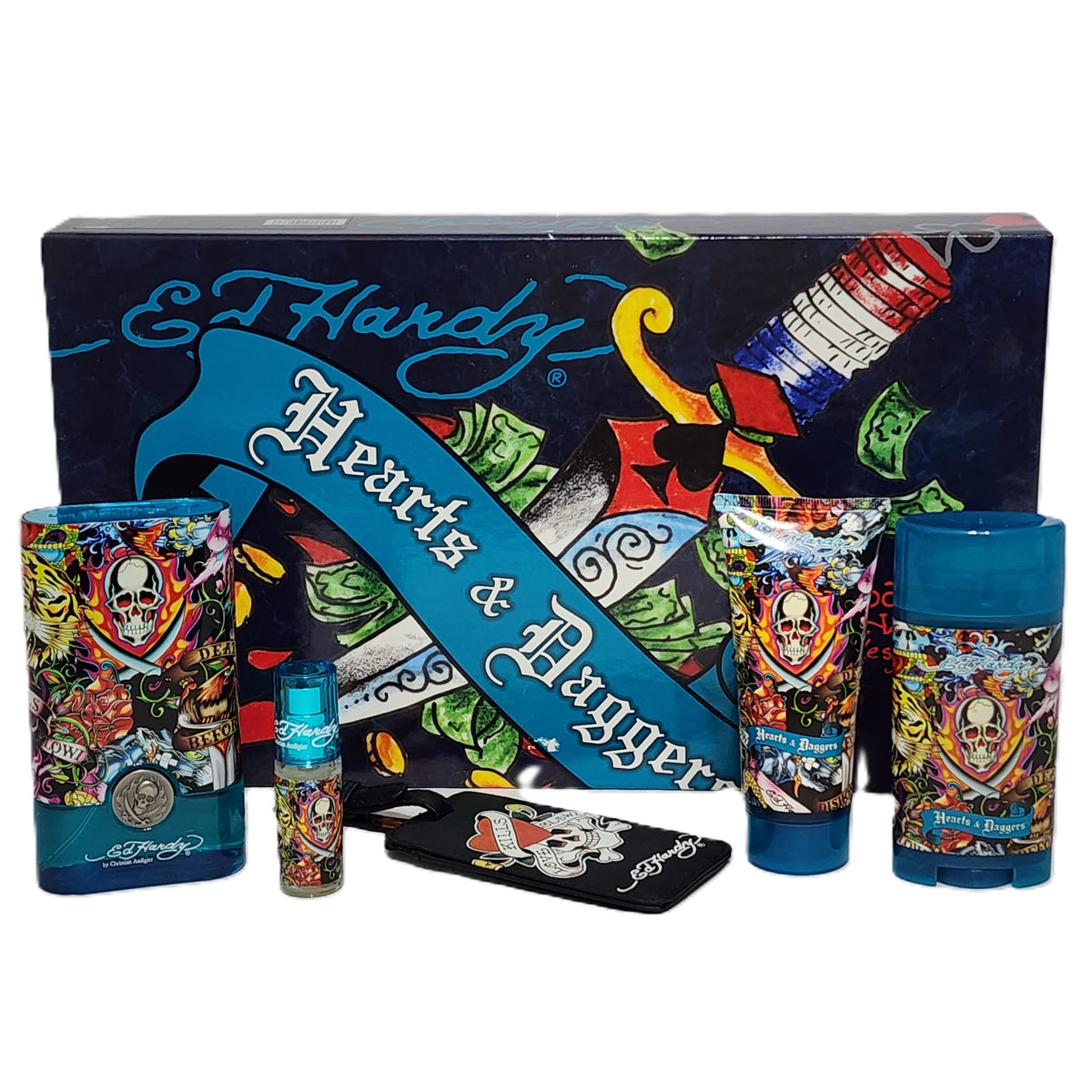Ed Hardy Hearts & Daggers for Him by Christian Audigier | 5-Piece Set: 100 ml + 7.5 ml EDT, Body Care & Luggage Tag