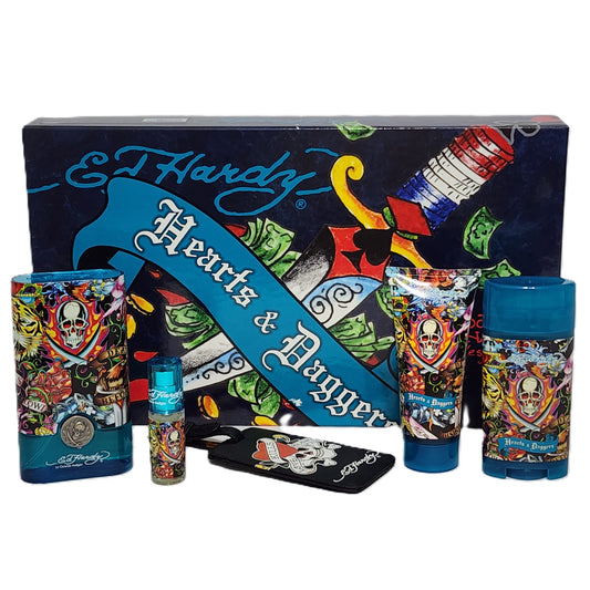 Ed Hardy Hearts & Daggers for Him by Christian Audigier | 5-Piece Set: 100 ml + 7.5 ml EDT, Body Care & Luggage Tag