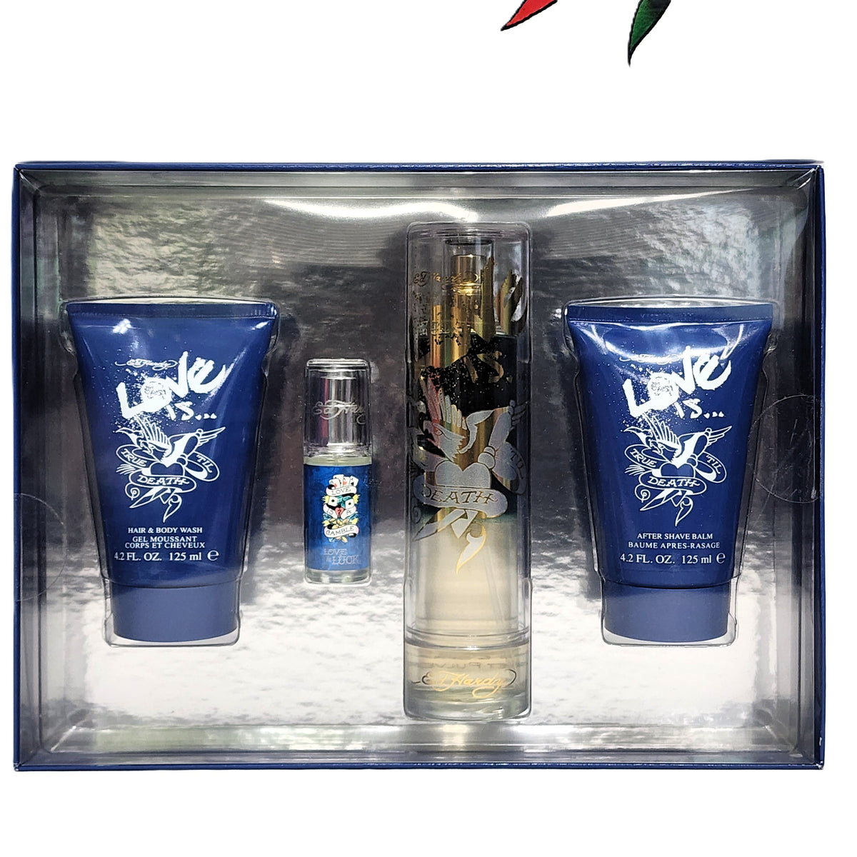 Ed Hardy Love Is... by Christian Audigier for Men | 4-Piece Set: 100 ml EDT, 7.5 ml Love & Luck + Body Care