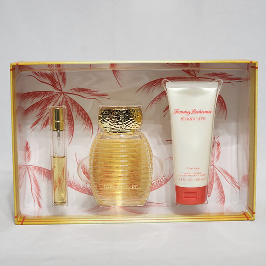 Island Life Tommy Bahama For Women Set: EDP 3.4oz + Mini EDP spray 0.33oz + Body Lotion 3.4oz