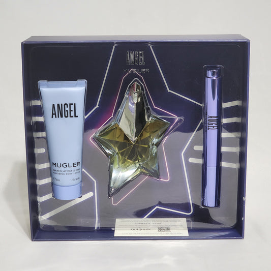 Angel Mugler 3 PCs women set, 0.8 oz EDP spray + 1.7 lotion + Perfuming Brush