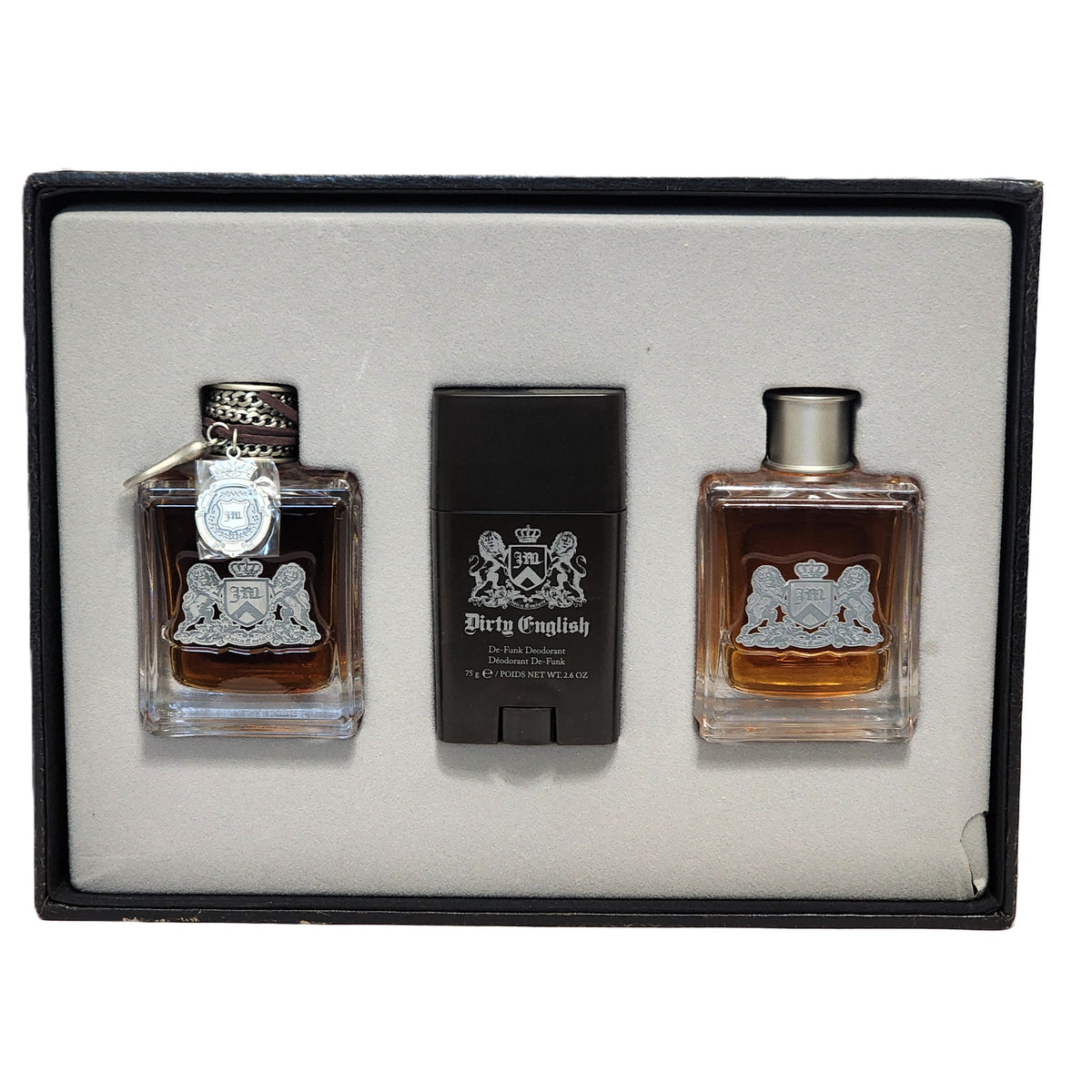 Dirty English by Juicy Couture for Men | 3-Piece Set: 100 ml EDT, 100 ml Aftershave Tonic, 75 g Deodorant | Box Lid Missing