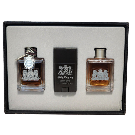 Dirty English by Juicy Couture for Men | 3-Piece Set: 100 ml EDT, 100 ml Aftershave Tonic, 75 g Deodorant | Box Lid Missing