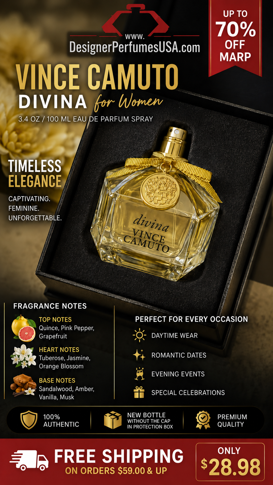 Vince Camuto Divina Women, 3.4 Oz / 100 ml Eau de Parfum Spray - NoCap