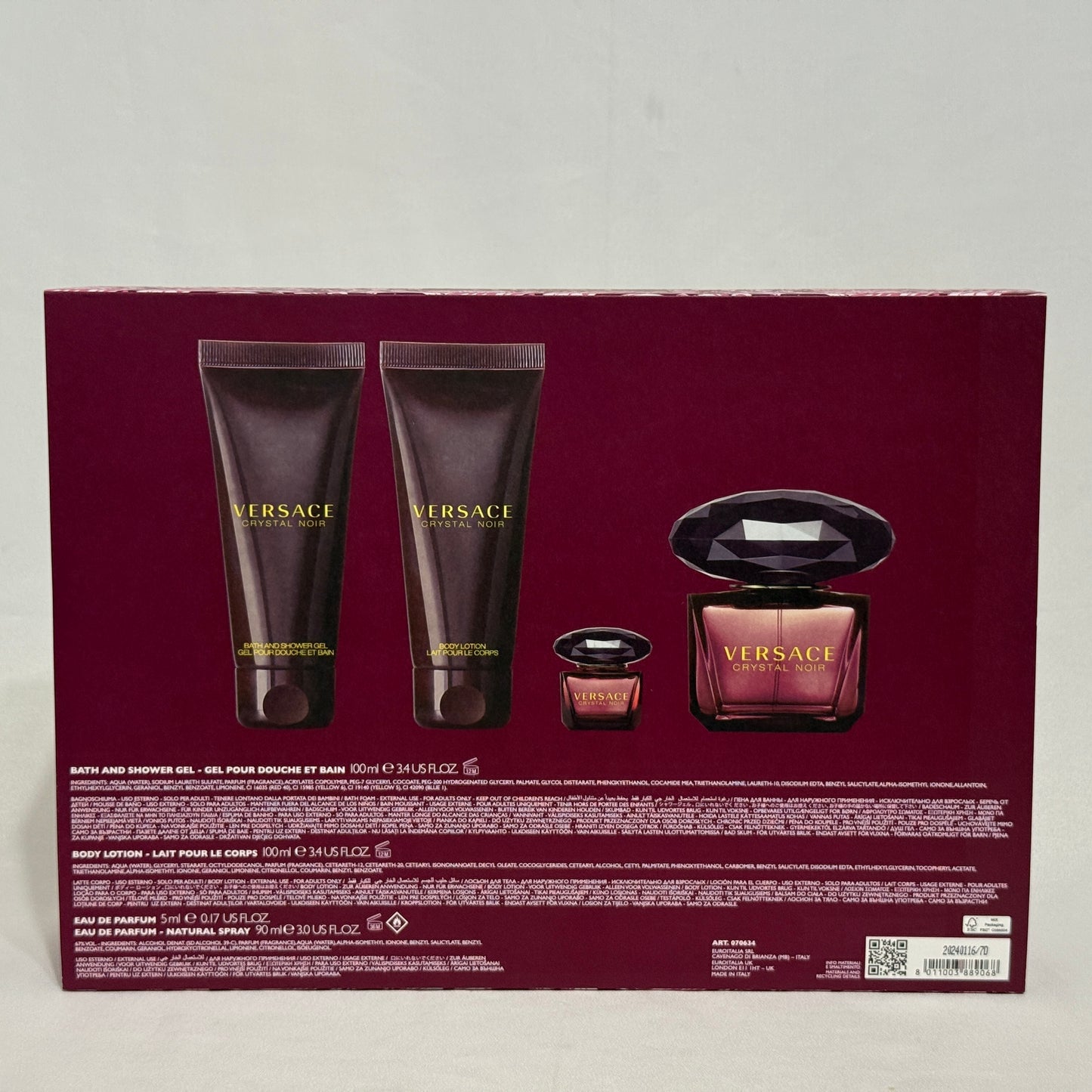 Versace Crystal Noir 4Pcs Women Set, 3.0 oz EDP spray + mini + Lotion + Gel