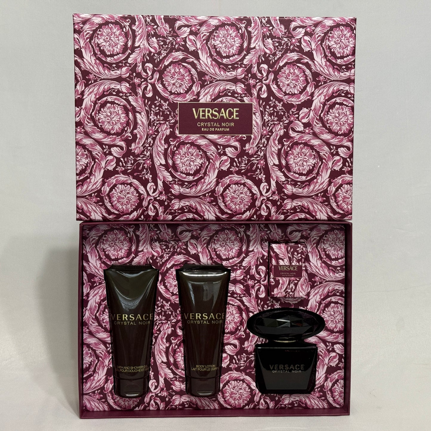 Versace Crystal Noir 4Pcs Women Set, 3.0 oz EDP spray + mini + Lotion + Gel