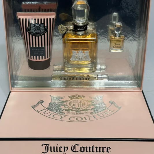 Juicy Couture 4PCs Women Set, 3.4 + 0.33 spray + mini + 4.2 oz Body Crème