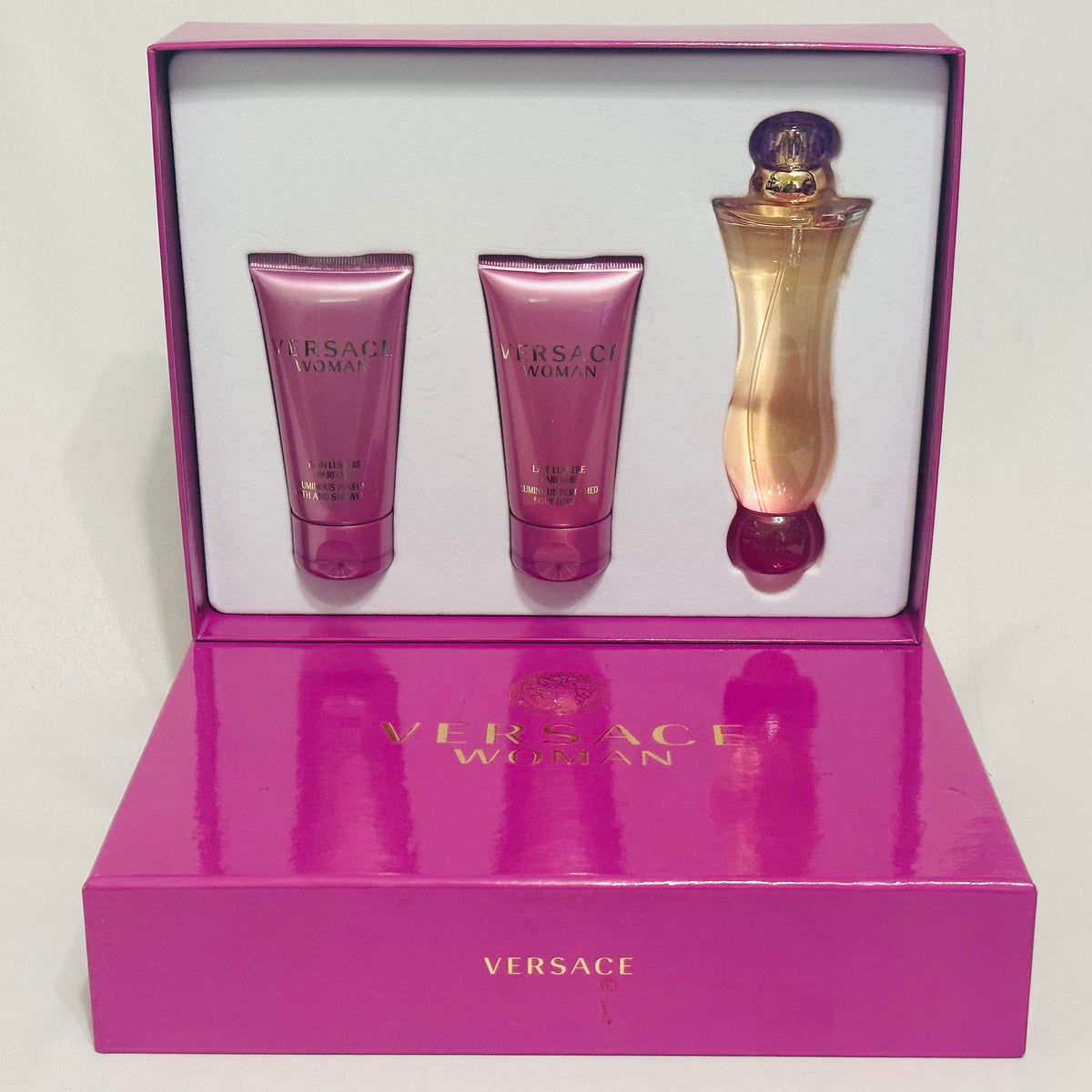 🌹 RARE VINTAGE COLLECTION: Versace Woman by Versace for Women | 5 Options | 2 Batch-Dated Tester Boxes (2018 & 2014) + 2-Piece Vintage Set (Golden Box) + 2x 3-Piece Sets | Michel Almairac 2000 | Italian Luxury