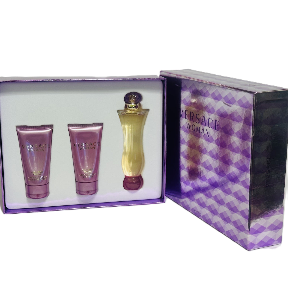 🌹 RARE VINTAGE COLLECTION: Versace Woman by Versace for Women | 5 Options | 2 Batch-Dated Tester Boxes (2018 & 2014) + 2-Piece Vintage Set (Golden Box) + 2x 3-Piece Sets | Michel Almairac 2000 | Italian Luxury