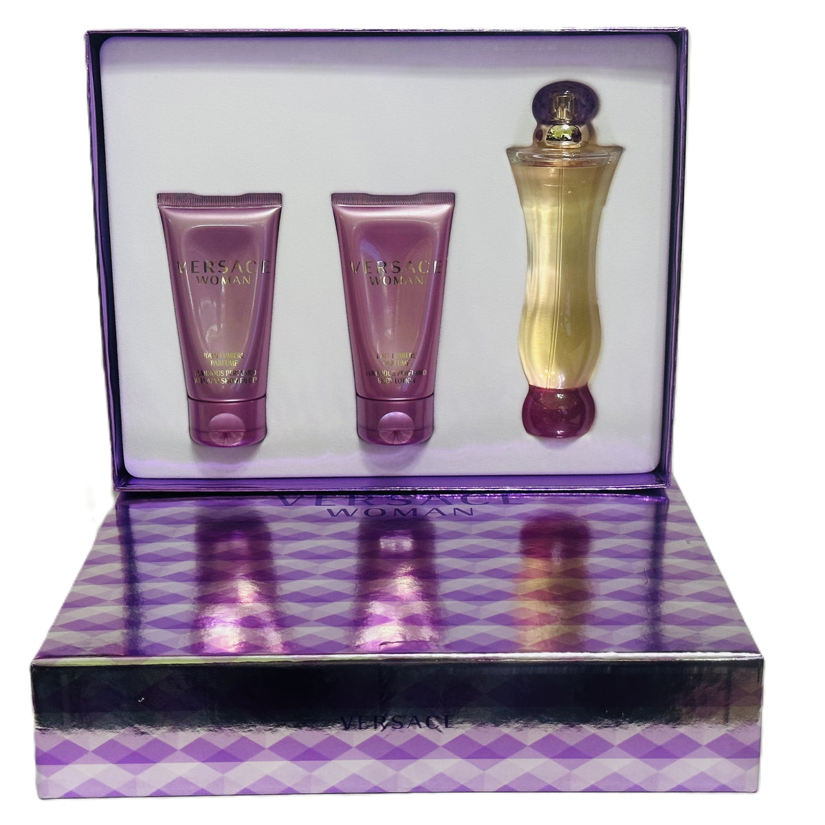 🌹 RARE VINTAGE COLLECTION: Versace Woman by Versace for Women | 5 Options | 2 Batch-Dated Tester Boxes (2018 & 2014) + 2-Piece Vintage Set (Golden Box) + 2x 3-Piece Sets | Michel Almairac 2000 | Italian Luxury