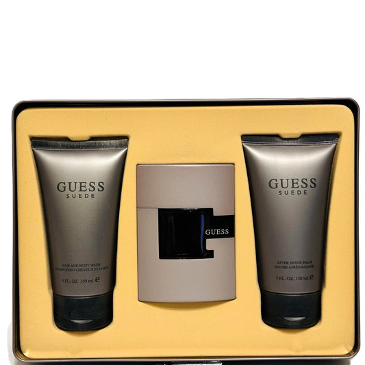 Guess Suede by Guess for Men | 3-Piece Set: 75 ml EDT, 150 ml Aftershave Balm, 150 ml Wash | Metal Display Box