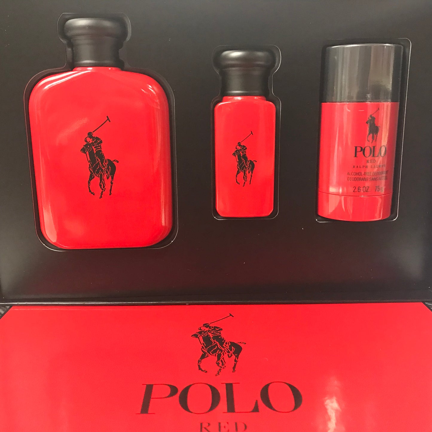 POLO RED by RALPH LAUREN 3 PIECE GIFT SET - 4.2 OZ EAU DE TOILETTE SPRAY, 1.0 OZ EAU DE TOILETTE SPRAY, 2.6 OZ DEODORANT for MEN