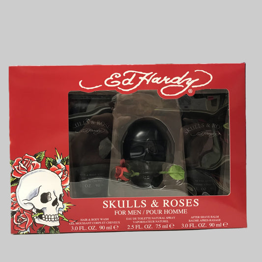 Skulls & Roses Ed Hardy 3pcs Men Set - 2.5 oz spray + 3.0 oz AS Balm + Body Wash