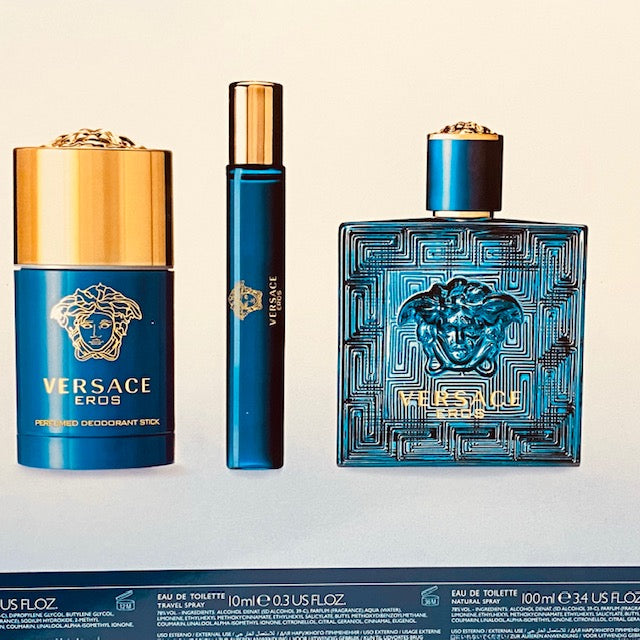 Eros by Versace Gift Set for Men 3.4oz EDT Spray 2.5oz Deodorant Stick 0.3oz EDT Spray