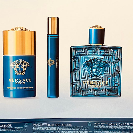 Eros by Versace Gift Set for Men 3.4oz EDT Spray 2.5oz Deodorant Stick 0.3oz EDT Spray
