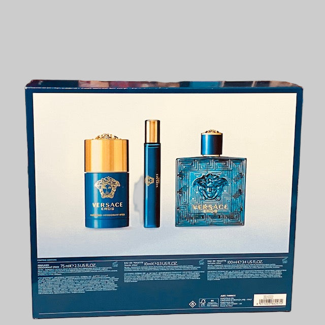 Eros by Versace Gift Set for Men 3.4oz EDT Spray 2.5oz Deodorant Stick 0.3oz EDT Spray