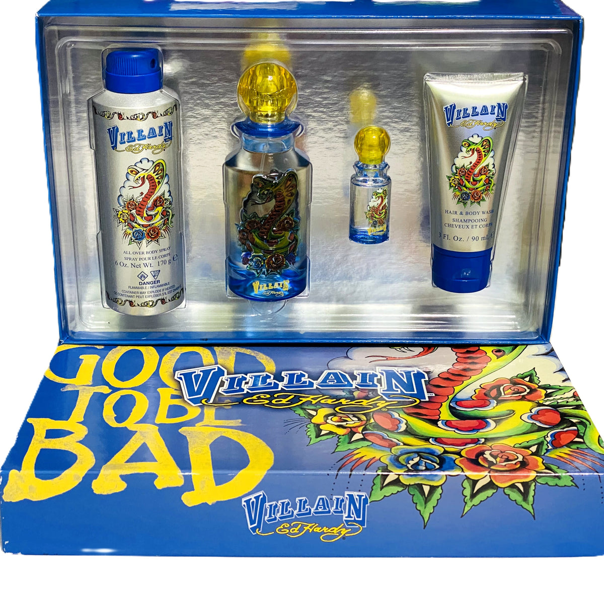 Villain Ed Hardy by Christian Audigier for Men | 4-Piece Set: 125 ml + 7.5 ml EDT, 170 g Body Spray, 90 ml Wash