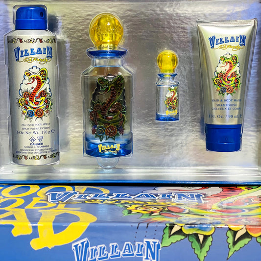 Villain Ed Hardy by Christian Audigier for Men | 4-Piece Set: 125 ml + 7.5 ml EDT, 170 g Body Spray, 90 ml Wash