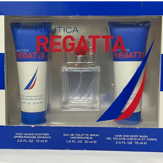Nautica REGATTA 3PCs men set, 1.0 oz EDT spray + Skin soother + Body Wash - Damaged box