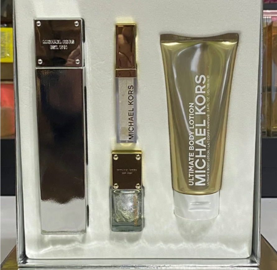 White Luminous Gold by Michael Kors for Women - 4 Pc Gift Set 3.4oz EDP Spray, 0.17oz Lip Luster, 0.3oz Nail Lacquer, 3.4oz Ultimate Body lotion