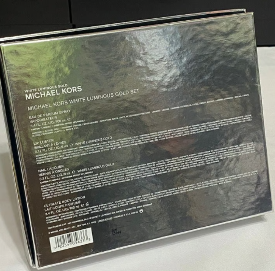 White Luminous Gold by Michael Kors for Women - 4 Pc Gift Set 3.4oz EDP Spray, 0.17oz Lip Luster, 0.3oz Nail Lacquer, 3.4oz Ultimate Body lotion