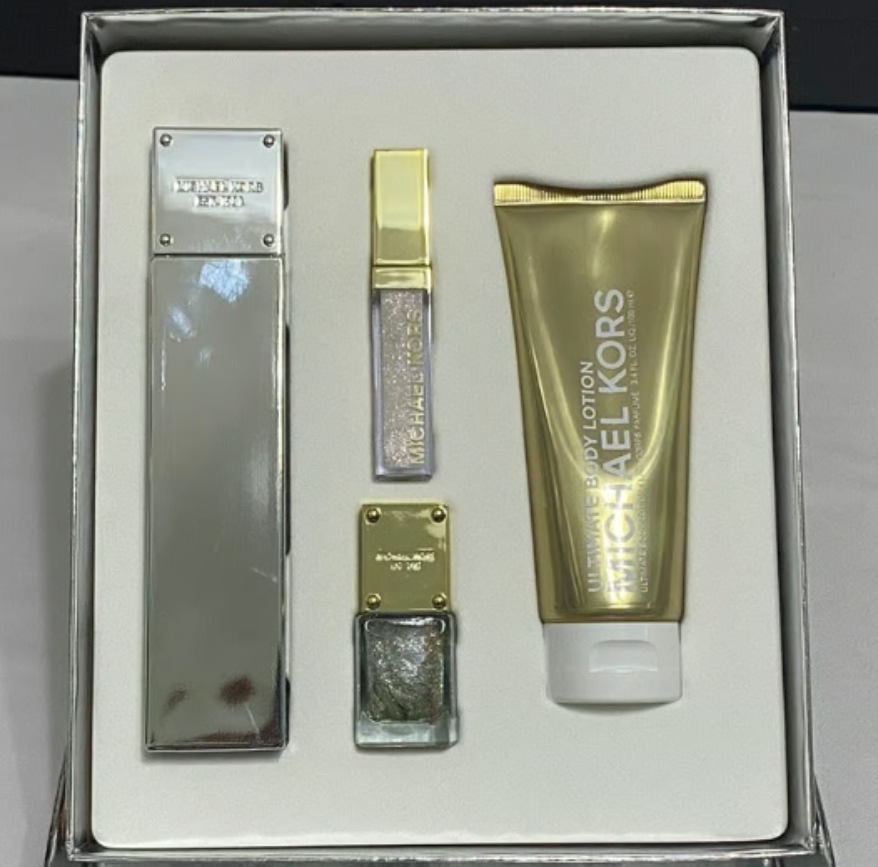White Luminous Gold by Michael Kors for Women - 4 Pc Gift Set 3.4oz EDP Spray, 0.17oz Lip Luster, 0.3oz Nail Lacquer, 3.4oz Ultimate Body lotion