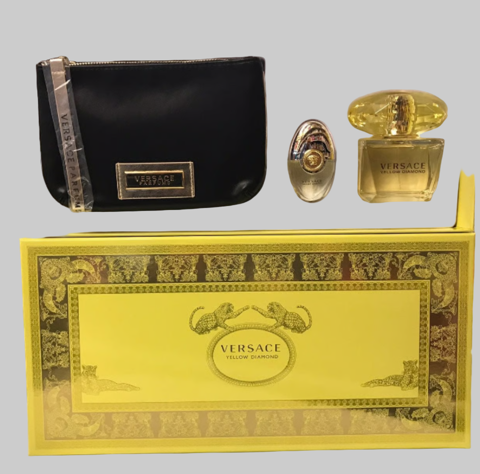 Versace Yellow Diamond 3PCs Women Set - 3.0 + 0.3 oz spray + Black & Gold Pouch