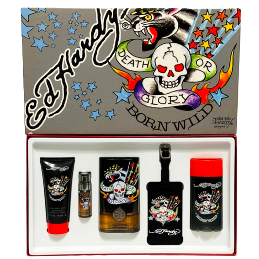 Born Wild Ed Hardy by Christian Audigier for Men | 5-Piece Set: 100 ml + 7.5 ml EDT, 78 g Deo, 90 ml Wash, Luggage Tag
