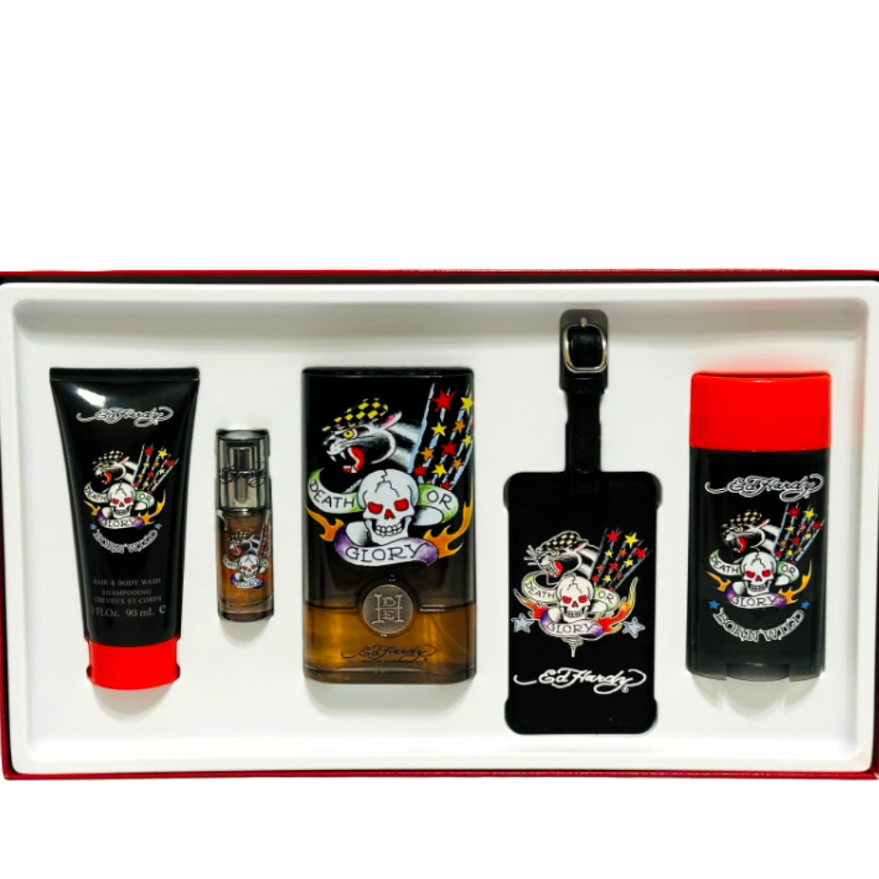 Born Wild Ed Hardy by Christian Audigier for Men | 5-Piece Set: 100 ml + 7.5 ml EDT, 78 g Deo, 90 ml Wash, Luggage Tag