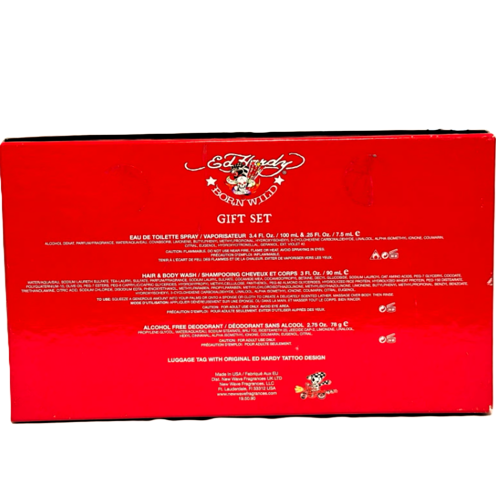 Born Wild Ed Hardy by Christian Audigier for Men | 5-Piece Set: 100 ml + 7.5 ml EDT, 78 g Deo, 90 ml Wash, Luggage Tag