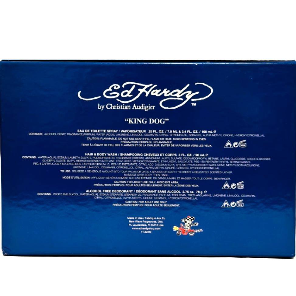 Ed Hardy King Dog by Christian Audigier for Men | 4-Piece Set: 100 ml + 7.5 ml EDT, 78 g Deodorant, 90 ml Wash