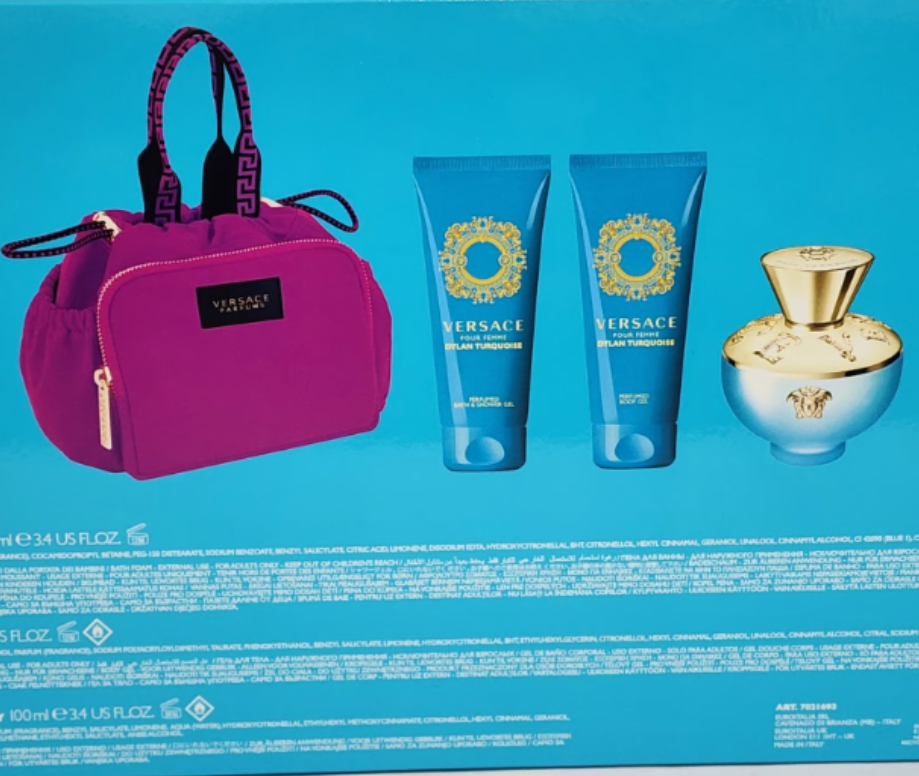 💙 Versace Dylan Turquoise for Women | 3 Options | 3.4 oz EDT Tester Box + 3.4 oz EDT Sealed Box + 4-Piece Gift Set (EDT + Body Lotion + Shower Gel + Travel Pouch) | Donatella Versace 2021 | Italian Luxury
