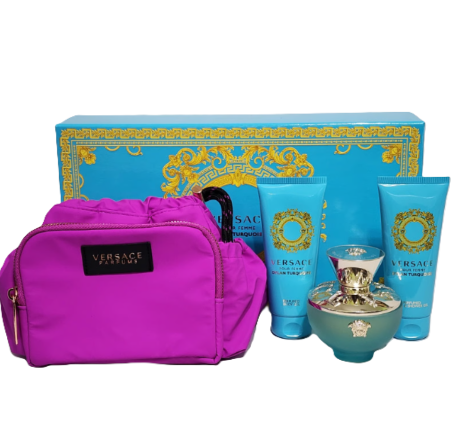 💙 Versace Dylan Turquoise for Women | 3 Options | 3.4 oz EDT Tester Box + 3.4 oz EDT Sealed Box + 4-Piece Gift Set (EDT + Body Lotion + Shower Gel + Travel Pouch) | Donatella Versace 2021 | Italian Luxury