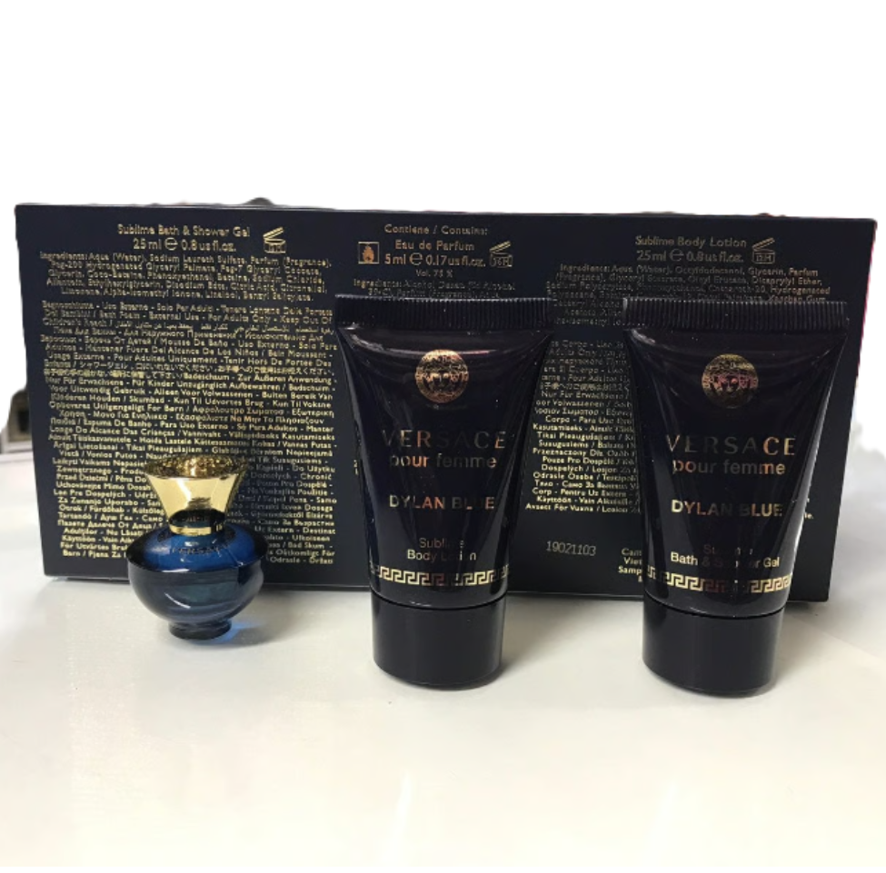 Versace Dylan Blue Pour Femme Mini Gift Set | EDP Splash + Body Lotion + Shower Gel | Travel Size