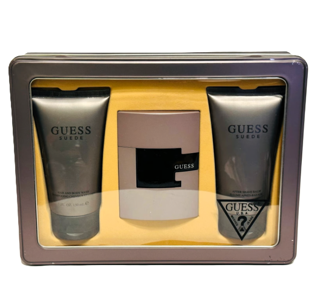 Guess Suede by Guess for Men | 3-Piece Set: 75 ml EDT, 150 ml Aftershave Balm, 150 ml Wash | Metal Display Box