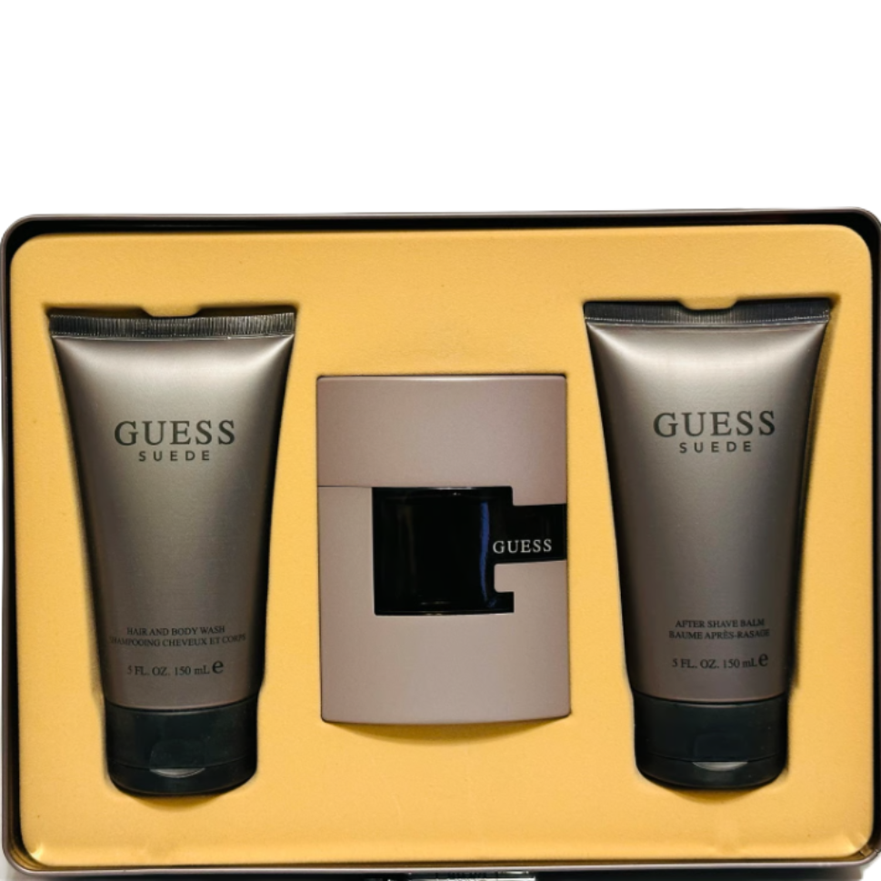 Guess Suede by Guess for Men | 3-Piece Set: 75 ml EDT, 150 ml Aftershave Balm, 150 ml Wash | Metal Display Box