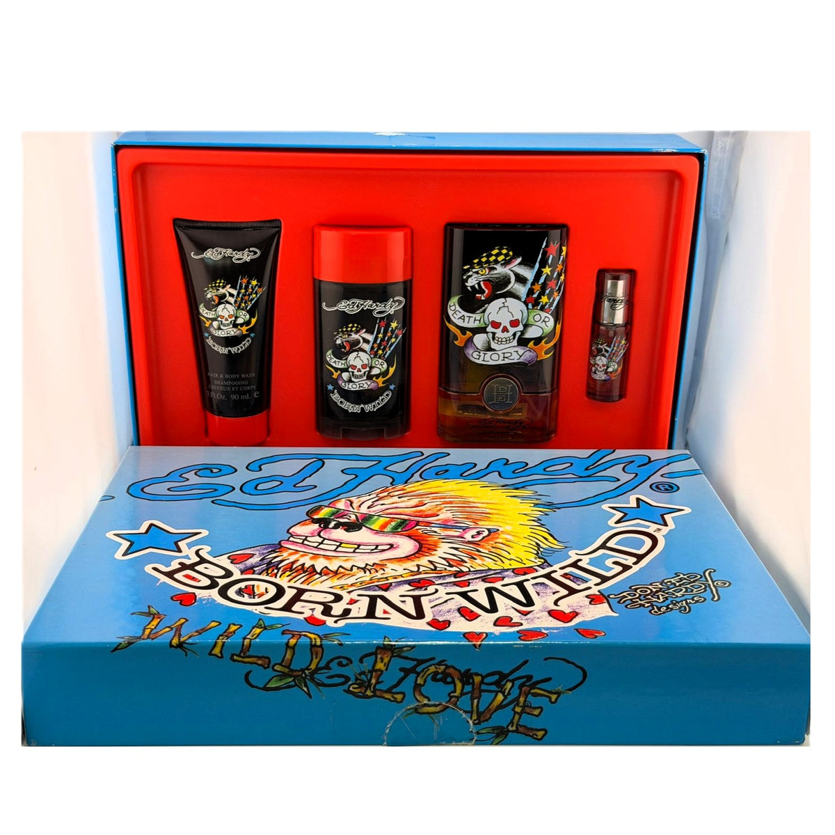 Born Wild Ed Hardy by Christian Audigier for Men | 4-Piece Set: 100 ml + 7.5 ml EDT, 78 g Deodorant, 90 ml Wash | Damaged Box
