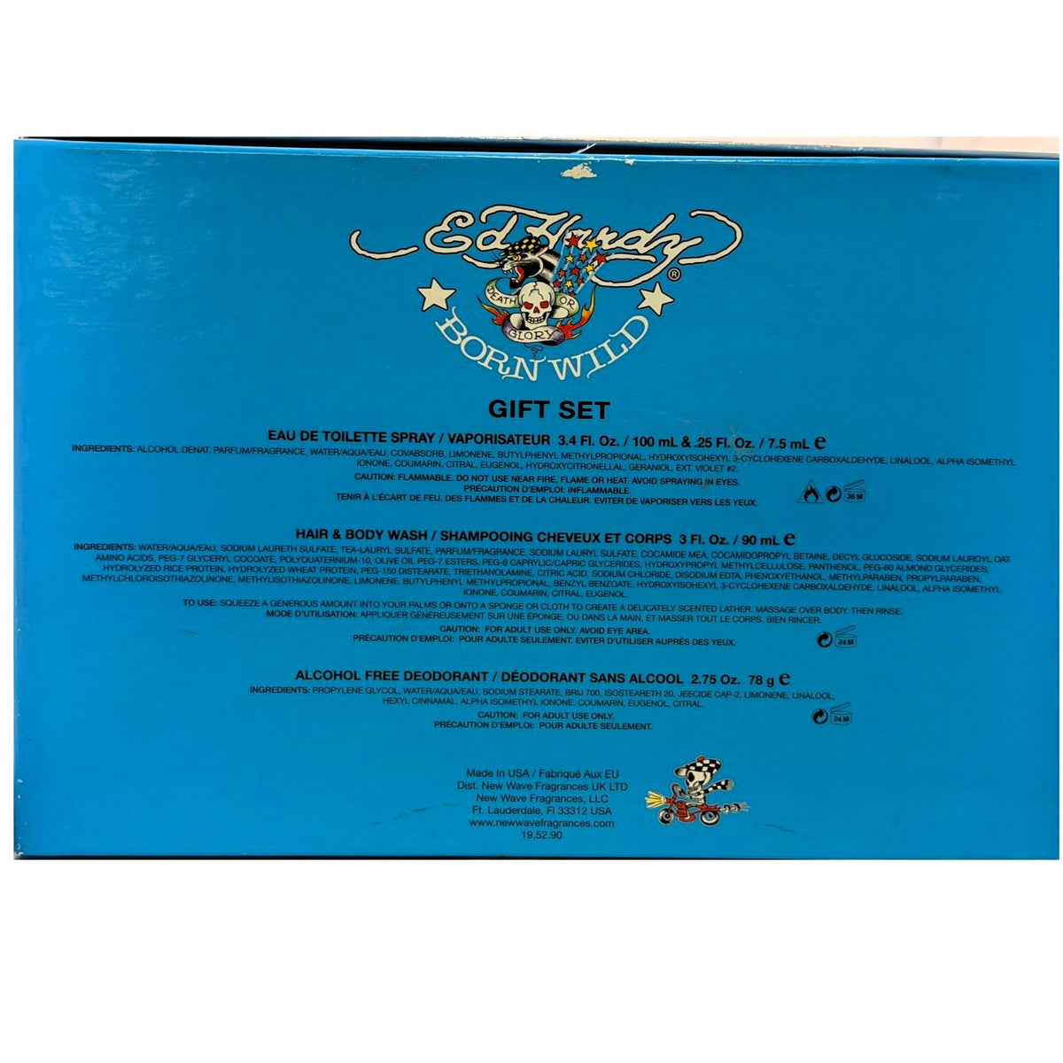 Born Wild Ed Hardy by Christian Audigier for Men | 4-Piece Set: 100 ml + 7.5 ml EDT, 78 g Deodorant, 90 ml Wash | Damaged Box