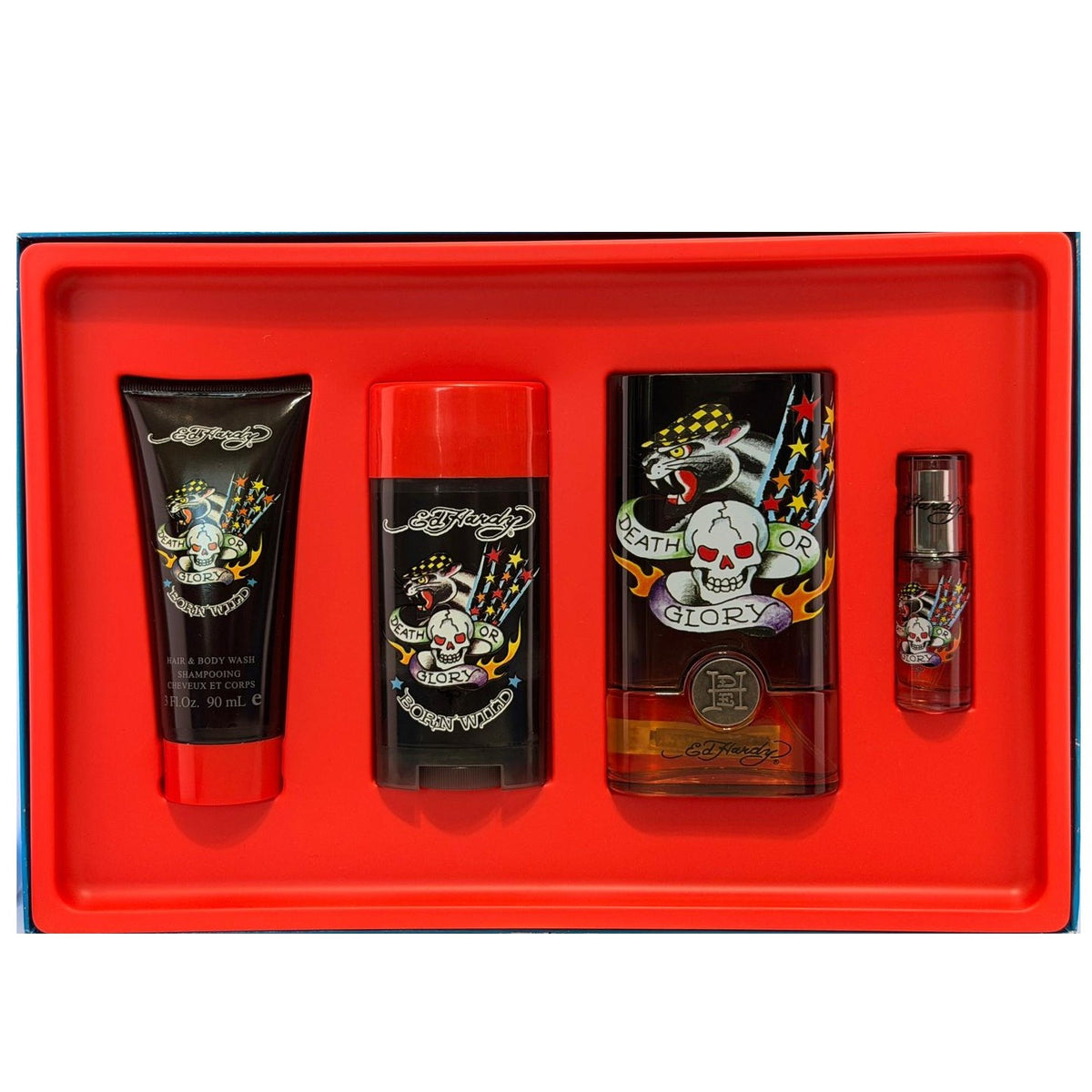 Born Wild Ed Hardy by Christian Audigier for Men | 4-Piece Set: 100 ml + 7.5 ml EDT, 78 g Deodorant, 90 ml Wash | Damaged Box
