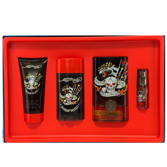 Born Wild Ed Hardy by Christian Audigier for Men | 4-Piece Set: 100 ml + 7.5 ml EDT, 78 g Deodorant, 90 ml Wash | Damaged Box