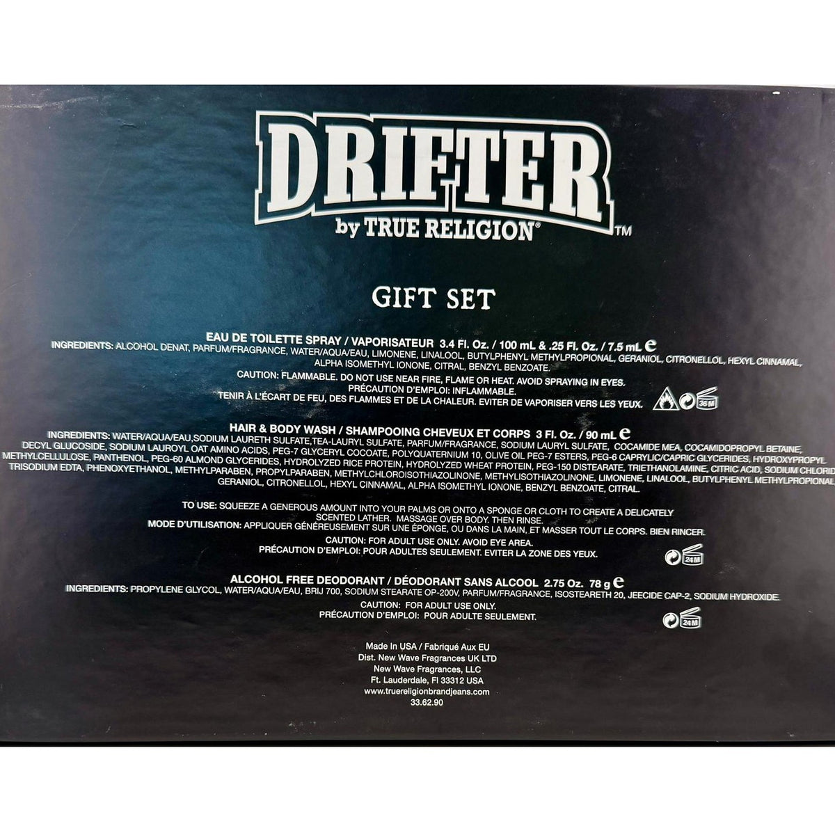 Drifter by True Religion for Men | 4-Piece Set: 100 ml + 7.5 ml EDT, 90 ml Hair & Body Wash, 78 g Deodorant